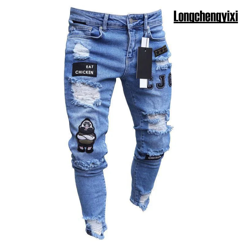 Unisex White Embroidery Ripped Skinny Jeans