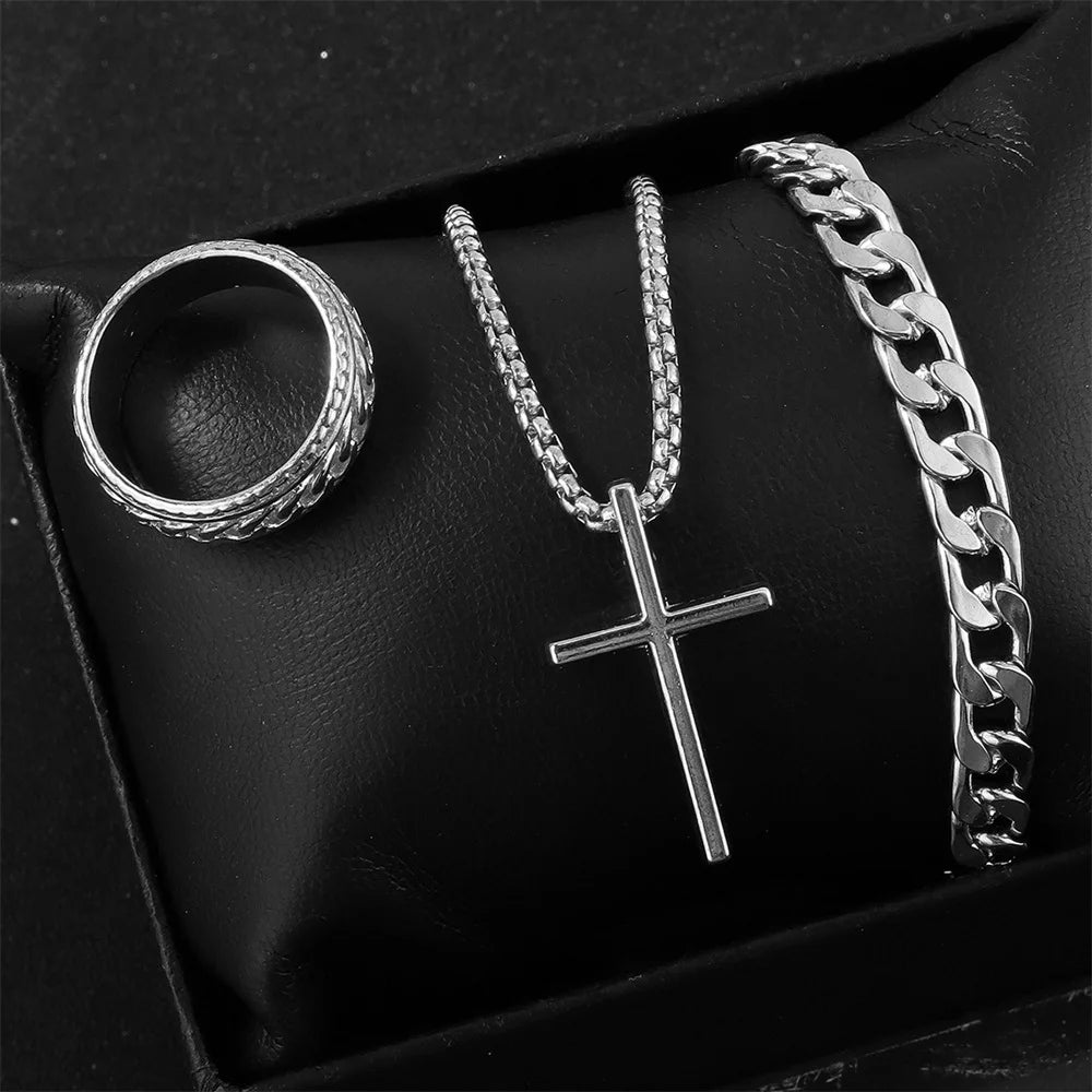 Set de collar, pulsera y anillo con cruz estilo punk | Joyería hip hop de 3 piezas