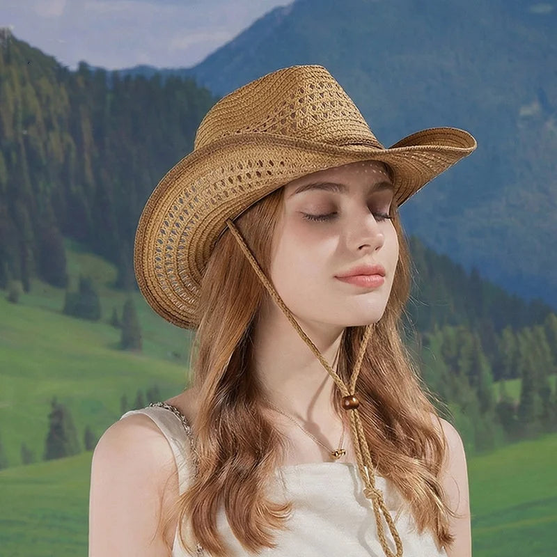 Breathable Hollow-Out Woven Denim Straw Hat with Black Trim and Contrasting Color, with Windproof Strap, Suitable for Outdoor Beach Sun Protection, Unisex, Holiday Gift