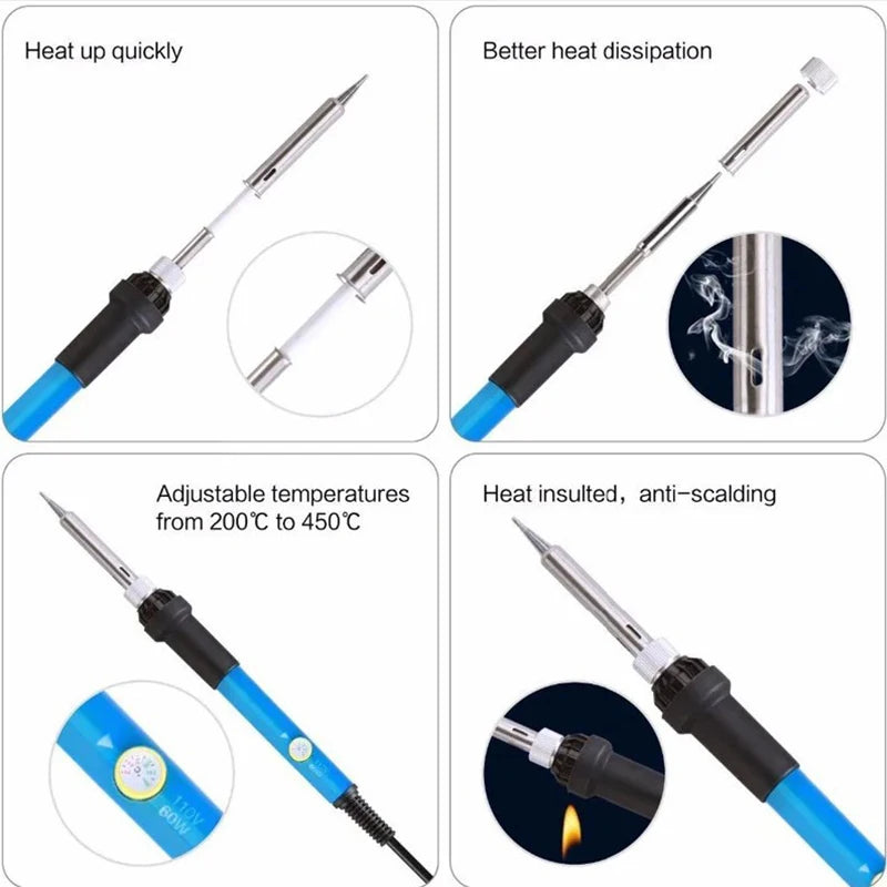 60W Adjustable Temperature Soldering Iron — US & EU Plug, Soldering Kit Options
