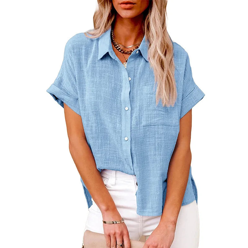 Women's Linen Pocket Blouse - Short Sleeve Loose Fit (S-5XL)