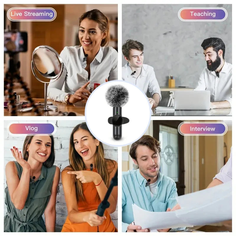 Micrófono lavalier inalámbrico con cubierta antiviento — Micrófono de solapa para teléfono y cámara