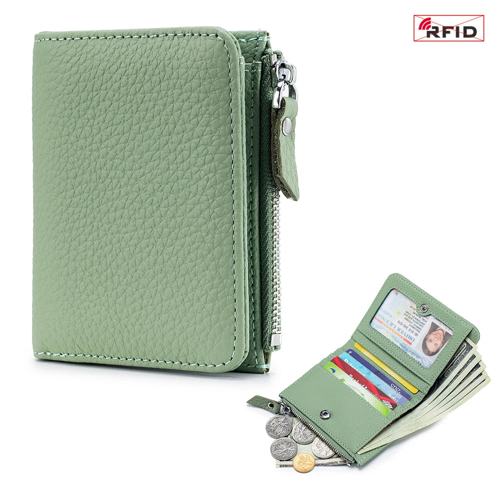Genuine Cow Leather Short Wallet — RFID Blocking Card Holder & Coin Purse