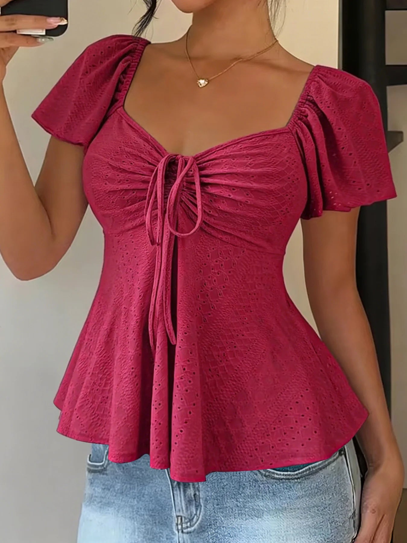Women's Y2K Drawstring Blouse - V-Neck Butterfly Sleeve (S-XXL)