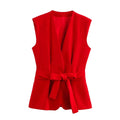 Women's Red V-Neck Vest Blazer & Wide-Leg Pants Suit Set