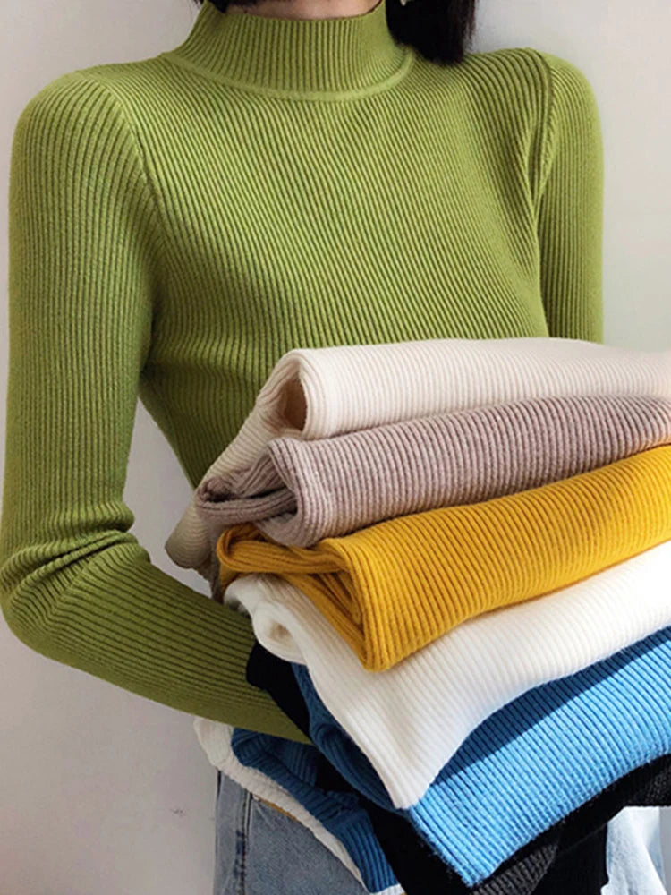 Jersey de punto ajustado de cuello alto para mujer | Suéter básico liso vintage 11 colores talla única