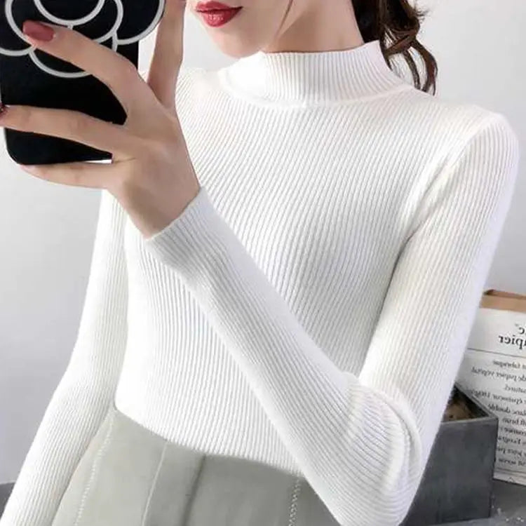 Women's Mock Neck Slim Knit Pullover | Vintage Basic Solid Sweater 11 Colors One Size