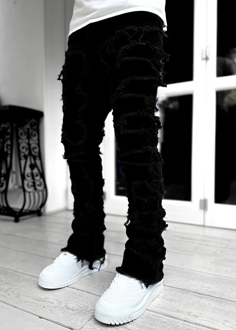 Unisex Stacked Ripped Distressed Slim Jeans