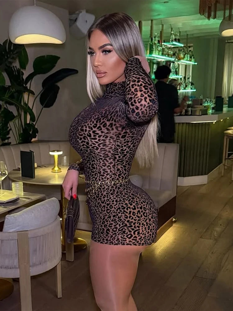 Women's Leopard Print Turtleneck Romper – Slim Fit Long Sleeve Playsuit