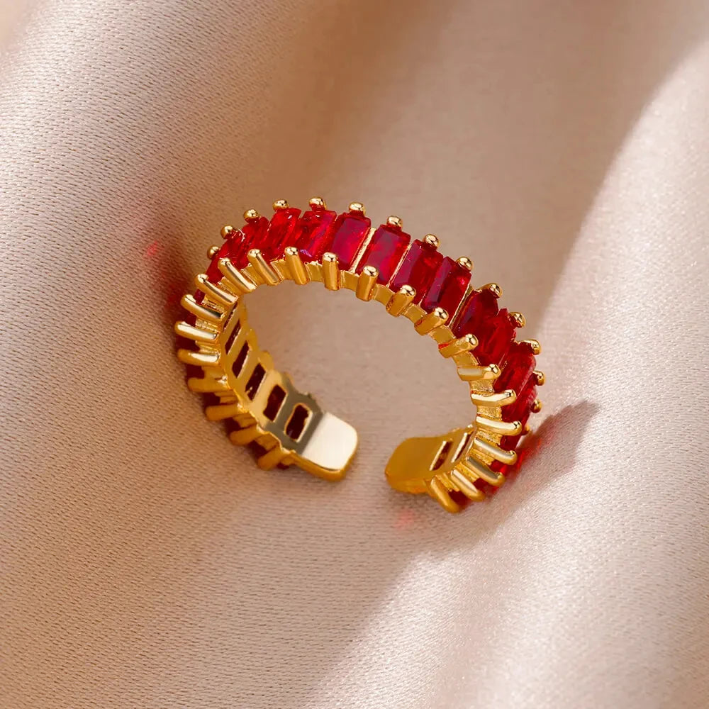 Colorful Cubic Zirconia Open Ring | 18K Gold Plated Stainless Steel | Boho Vintage Style | Women's Gift