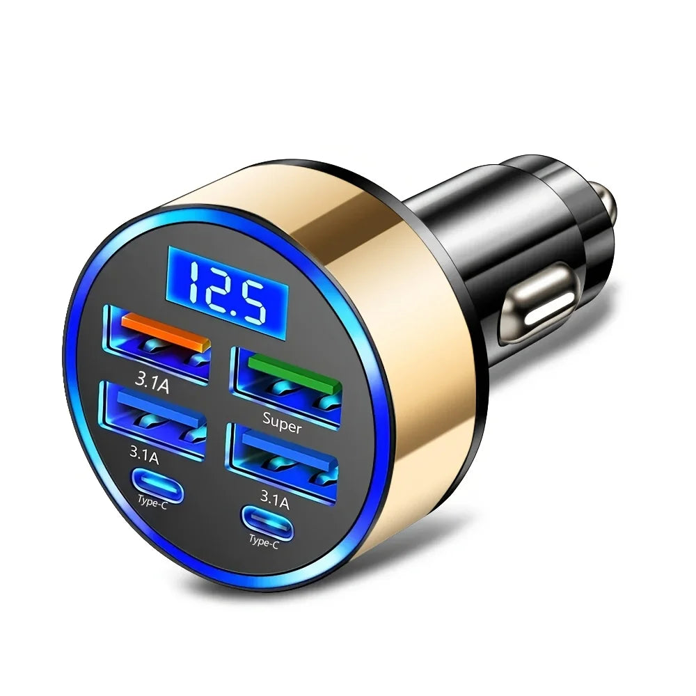 6-in-1 Fast Charging Car Adapter – 3.1A Dual USB & Type-C with Digital Display