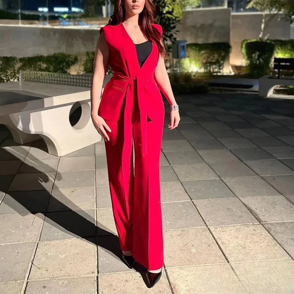 Women's Red V-Neck Vest Blazer & Wide-Leg Pants Suit Set