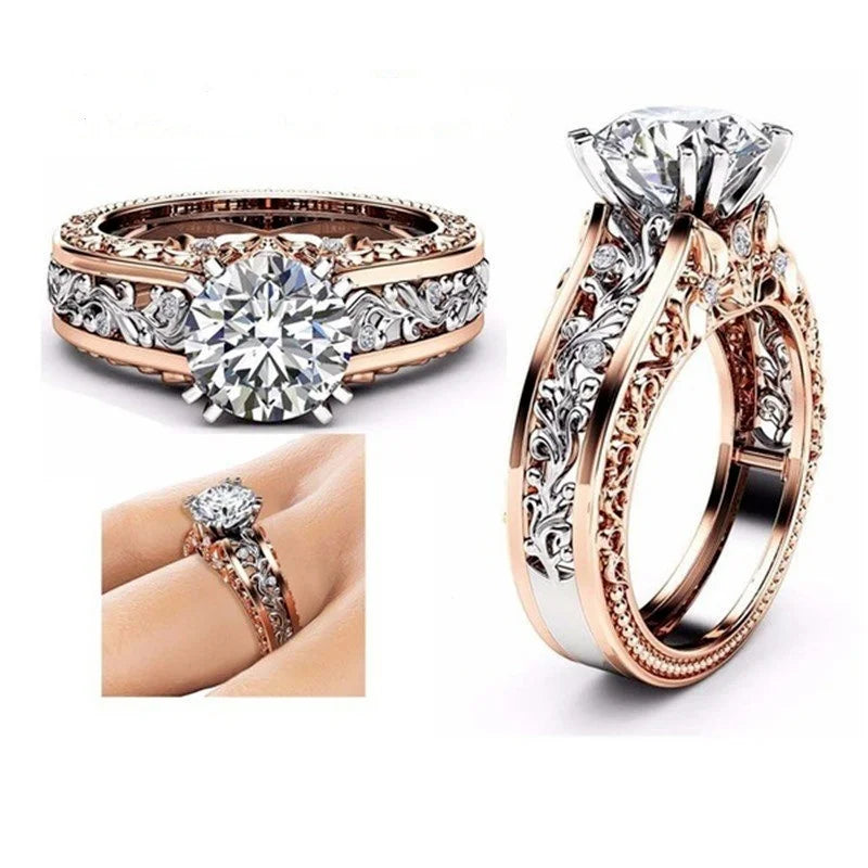 Anillo de pareja de circonita tallada hueca | Oro Rosa y Plata | Joyería nupcial de compromiso y boda