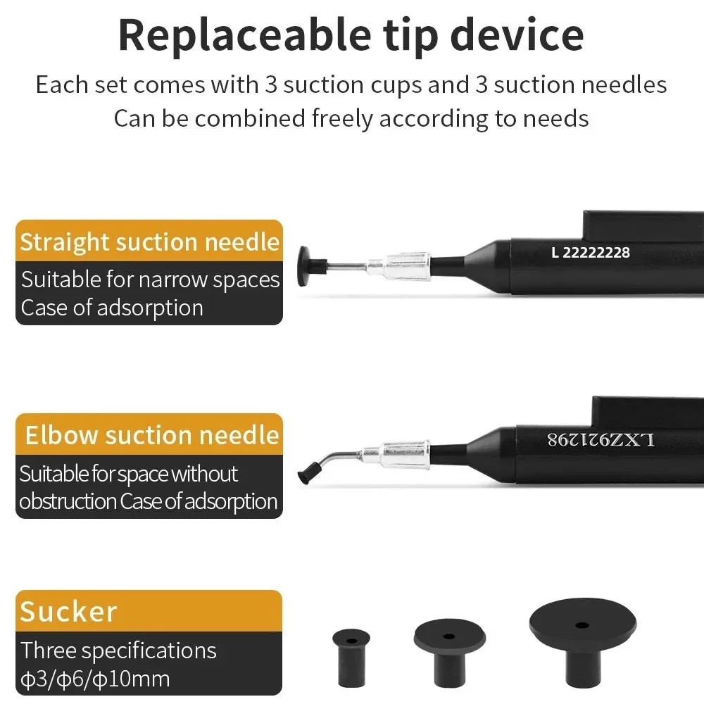 LUXIANZI Vacuum Suction Pen Kit — IC & SMD Component Pick-Up Tool with 3 Suckers