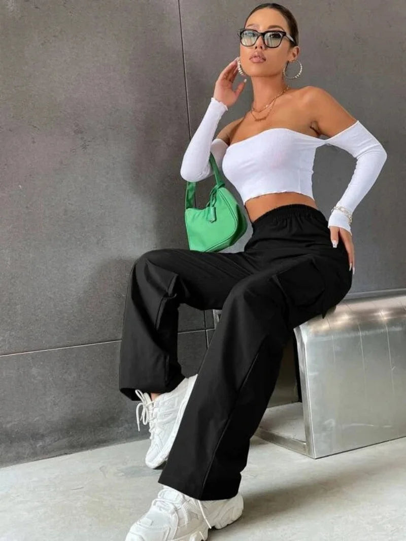 High Waist Baggy Cargo Joggers – Straight Leg Oversized Trousers for Women