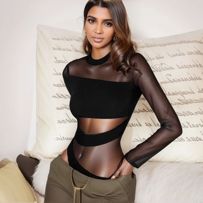 Women's Sheer Mesh Cut-Out Bodysuit – Long Sleeve Diagonal Hollow Clubwear