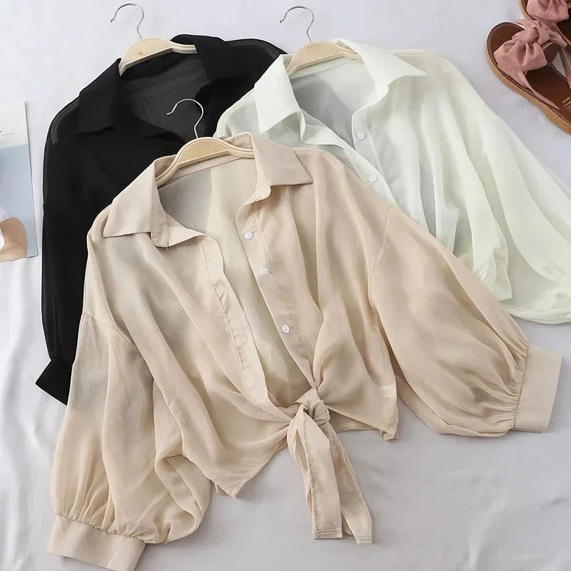 Women's Tied Waist Blouse - Bat Sleeve Button Front (S-XXL)
