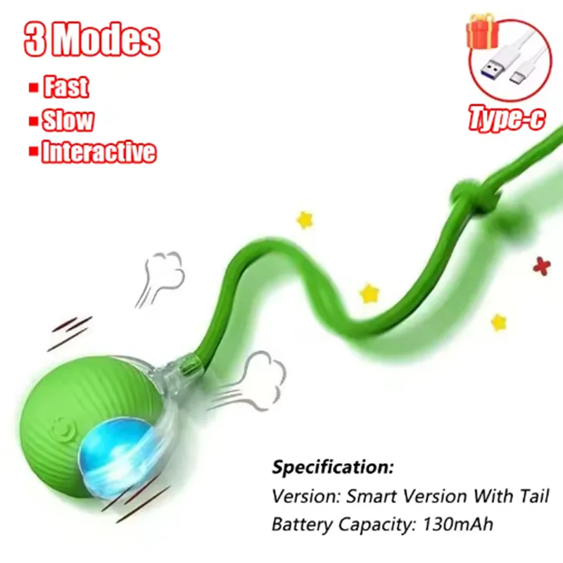 Auto-Rolling Cat Ball Toy with Tail — USB Rechargeable