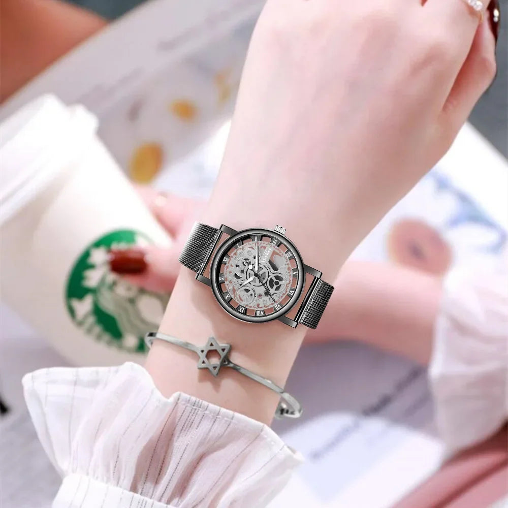 Moda Top Mujeres Reloj de Pulsera de Cuarzo de Malla Metálica para Dama con Diseño de Esqueleto Hueco y Reloj Mecánico Falso para Mujer Relogio Feminino