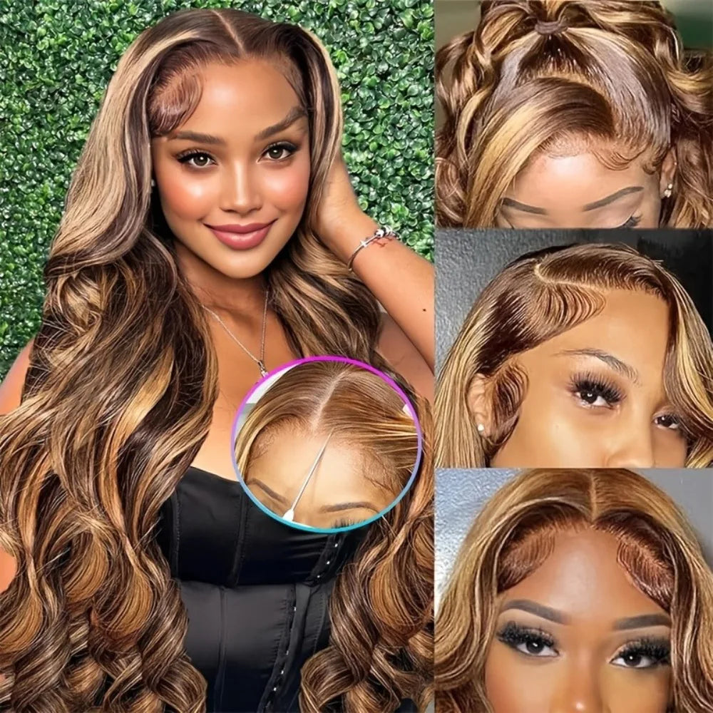 Honey Blonde Highlight Body Wave Lace Front Wig — Brazilian Remy Human Hair