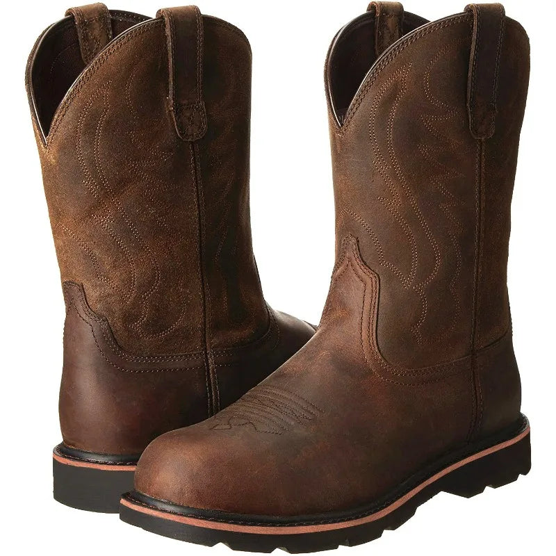 Men's Slip-On Cowboy Boots – Tree Embroidery Western Mid-Calf