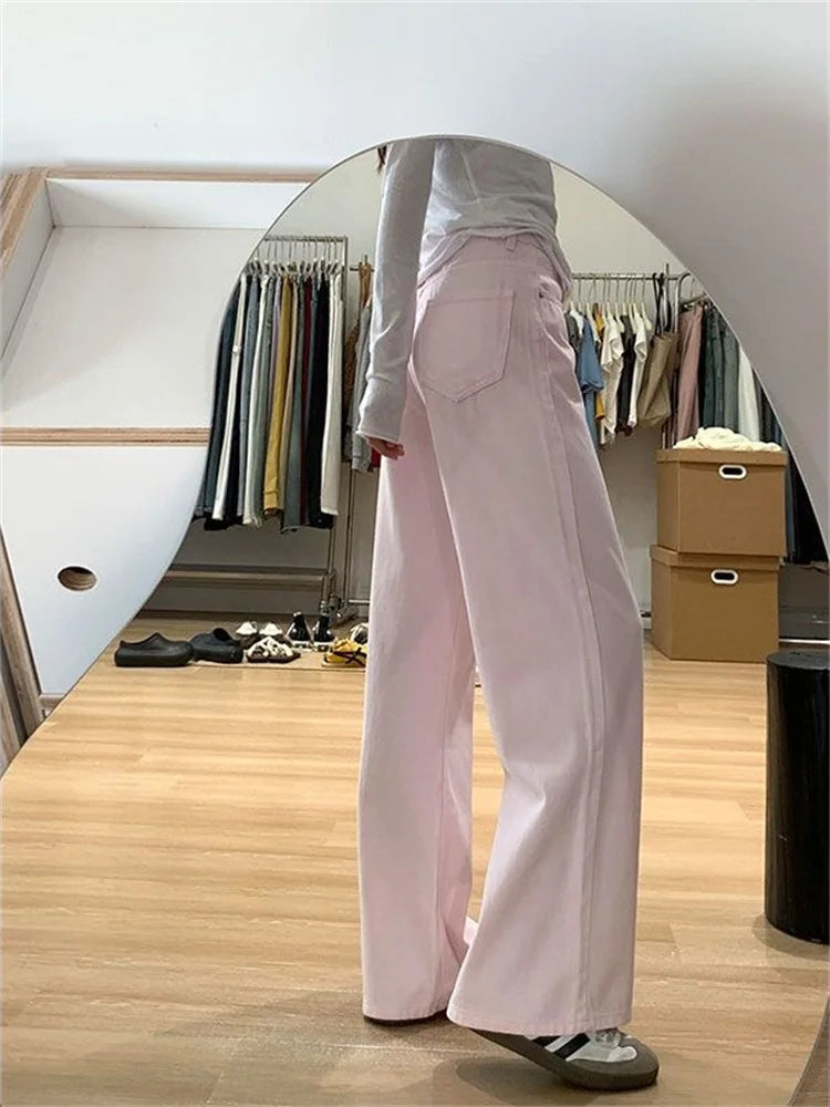 High-Waist Wide-Leg Jeans – Pink