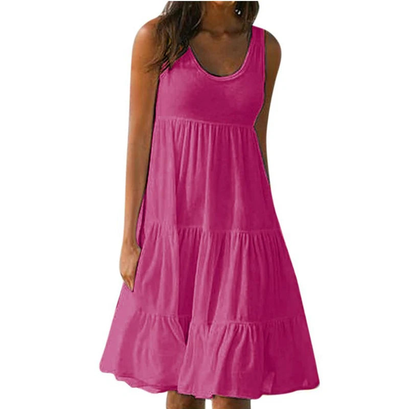 Minivestido informal sólido para mujer Verano 2024 Elegante sin mangas con volantes Vestido corto suelto para fiesta en la playa Vestido playero extragrande estilo urbano