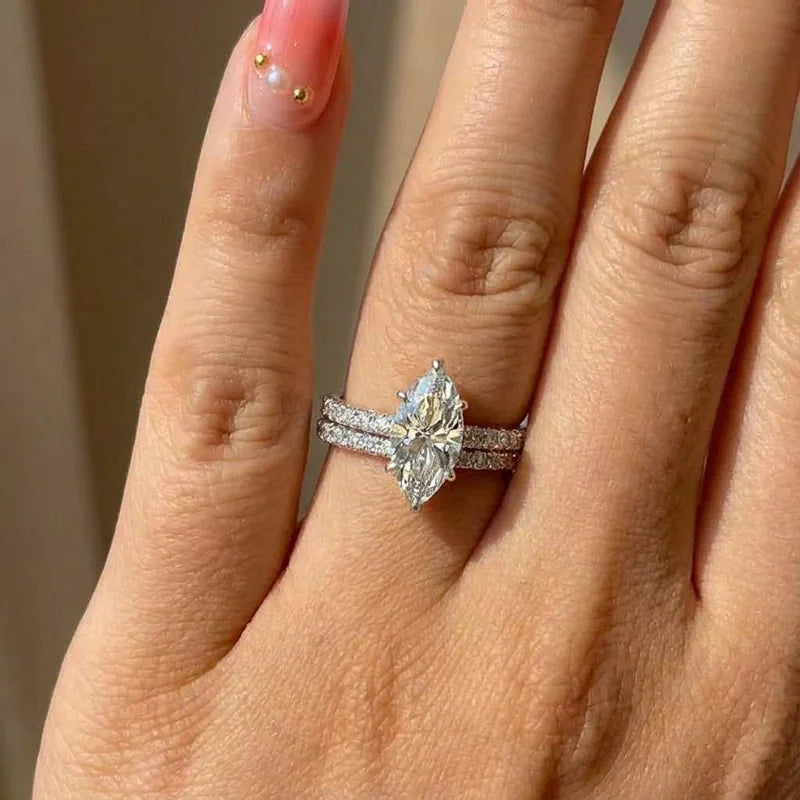 Anillo de circonita marquesa de plata de ley 925 | Joyería fina clásica | Regalo de compromiso y boda para mujer