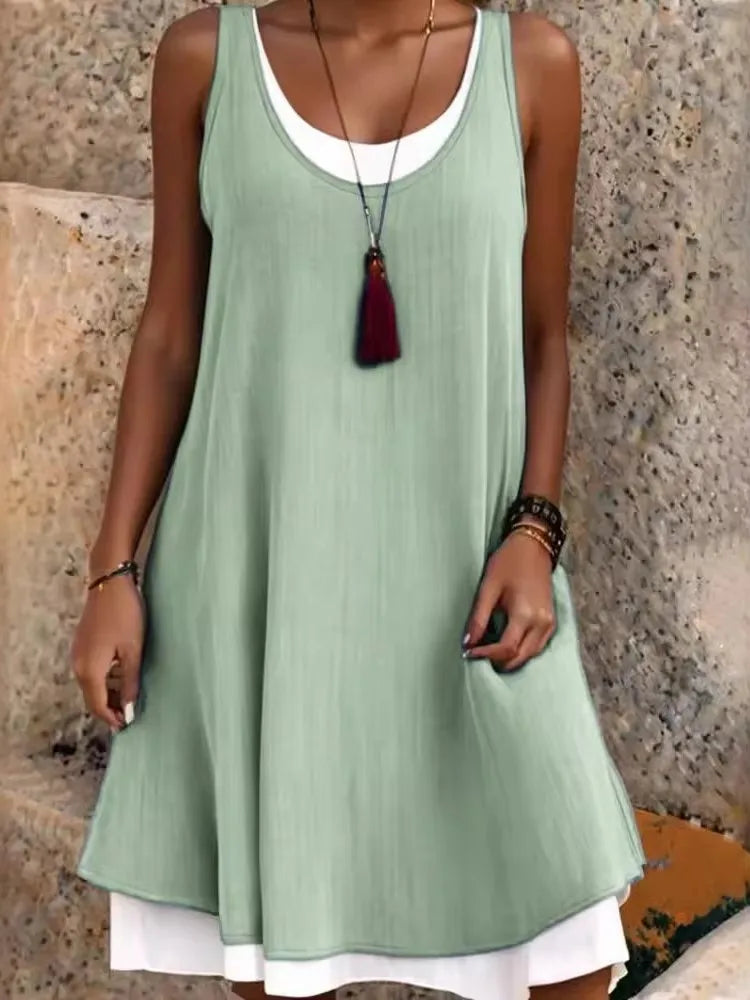 Women's Sleeveless Fake Two-Piece Loose A-Line Dress