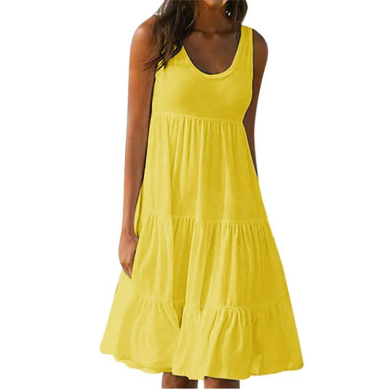 Minivestido informal sólido para mujer Verano 2024 Elegante sin mangas con volantes Vestido corto suelto para fiesta en la playa Vestido playero extragrande estilo urbano
