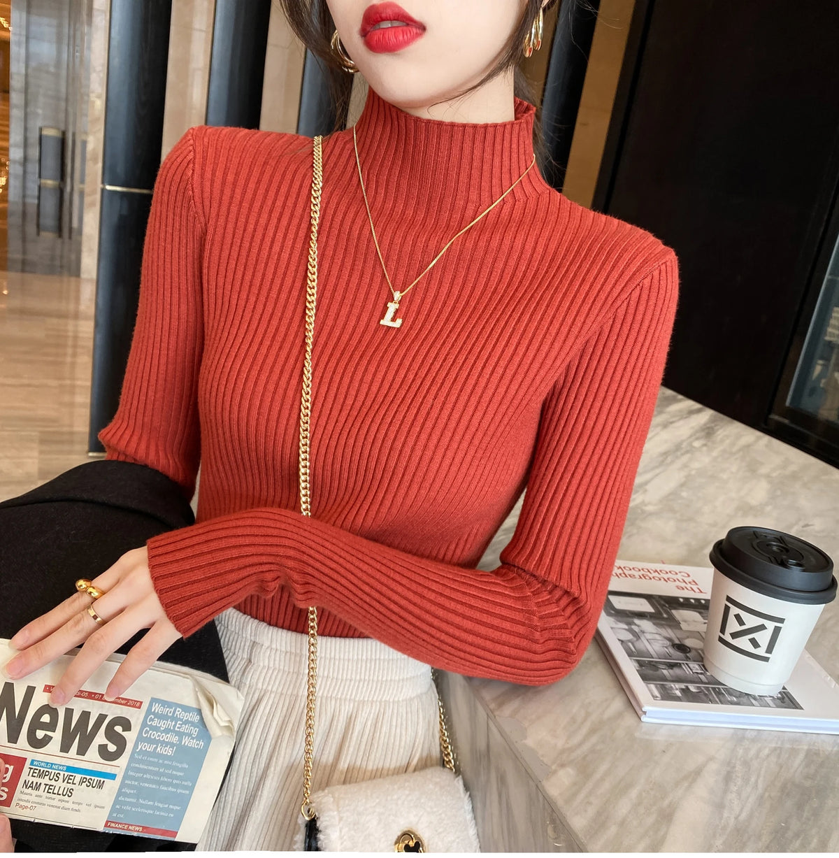 Ribbed Turtleneck Slim Knit Sweater – 7 Colors
