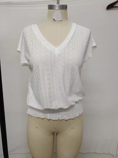 2025 Spring Summer New Fashion Blouses Solid V-Neck Jacquard Hollow-Out Smocking Short-Sleeve Shirts Fashion Casual Women's Tops