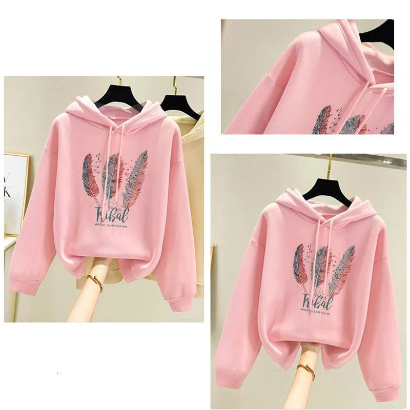 Feather Print Fleece-Lined Hoodie – 3 Colors