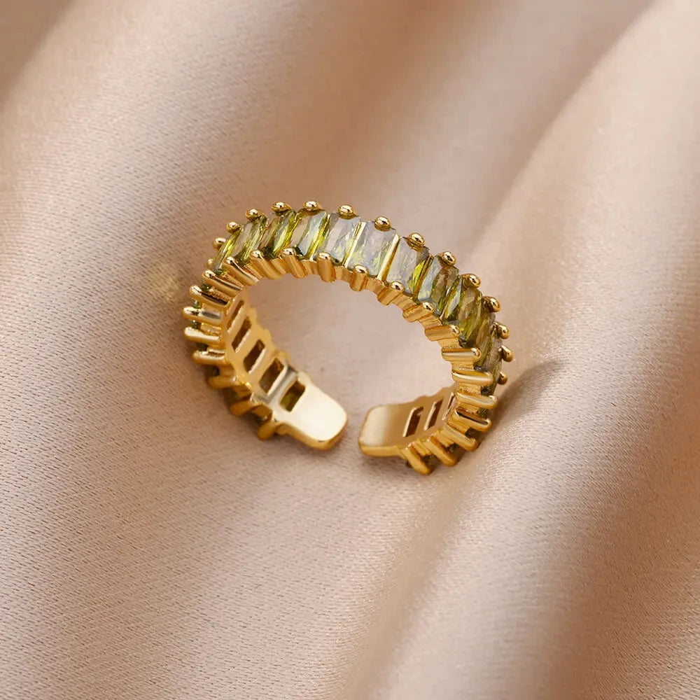 Colorful Cubic Zirconia Open Ring | 18K Gold Plated Stainless Steel | Boho Vintage Style | Women's Gift