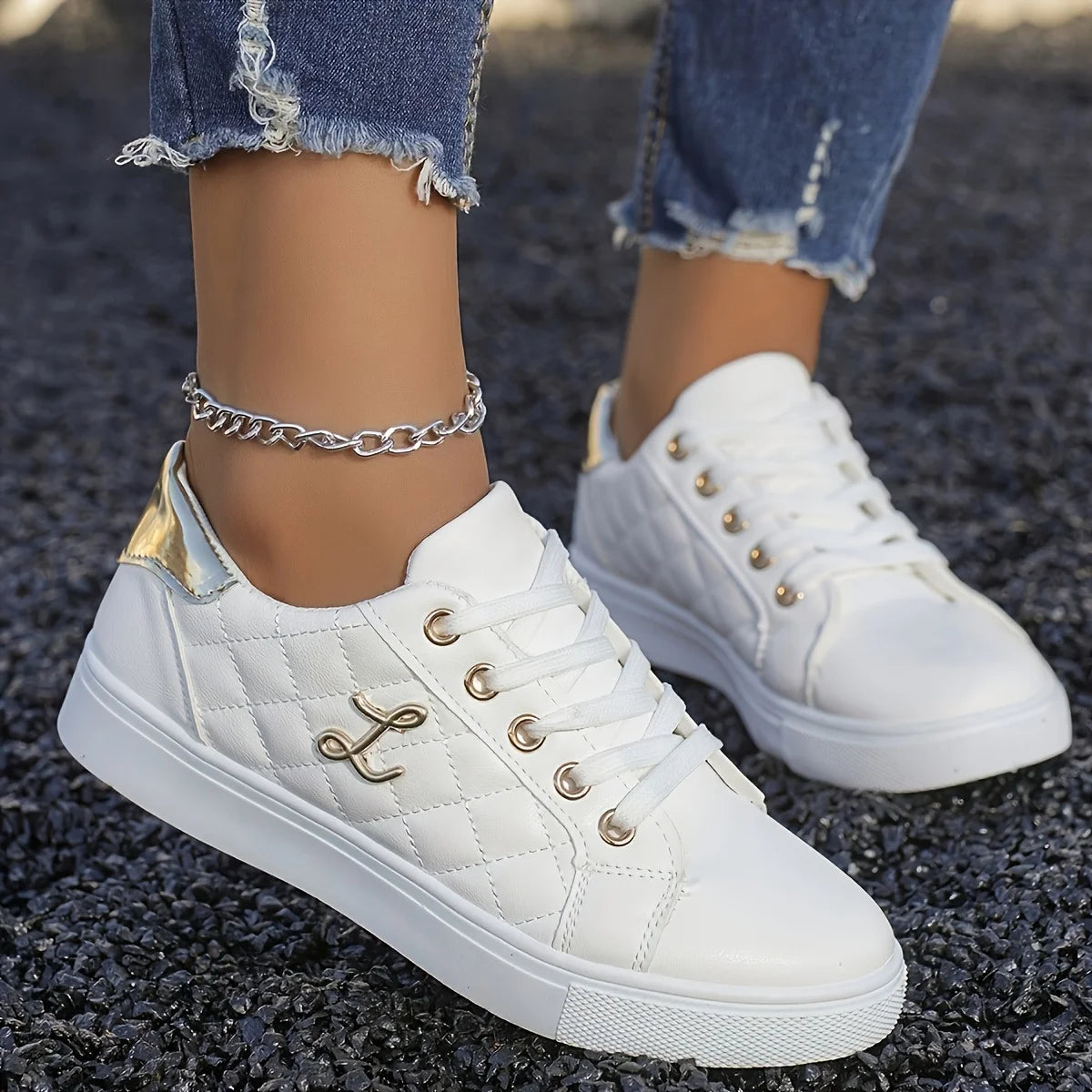 Women's Gold-Embellished Lace-Up Sneakers – Lightweight PU Low-Top Casual Shoes