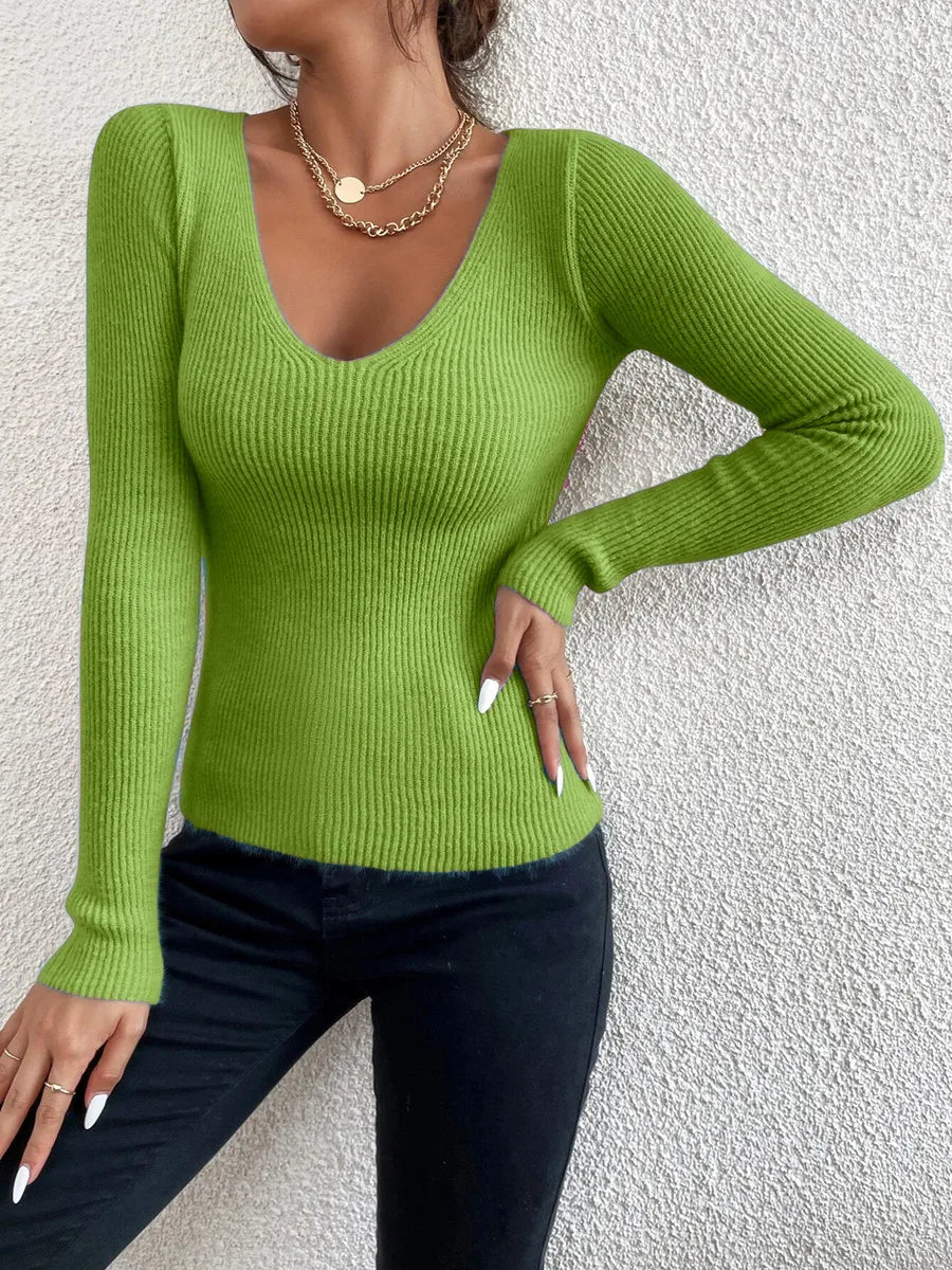 Rib Knit V-Neck Long Sleeve Sweater – 16 Colors