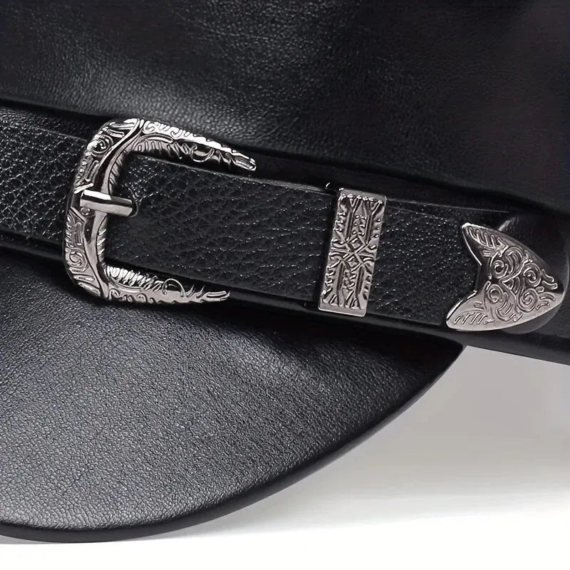 Moda Mujer Hebilla de cinturón grande Sombrero de cuero Primavera Otoño Sombreros de marinero Gorras de boina negras para mujer Gorras militares de capitán con parte superior plana para hombre