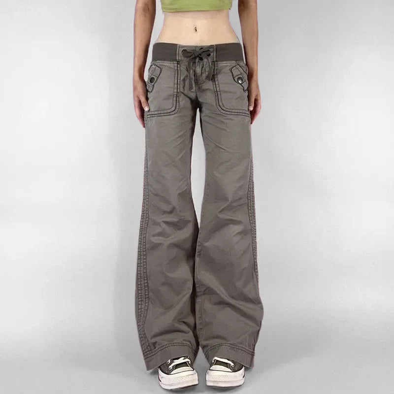 Pantalones retro de cordones de tiro bajo, estilo urbano, patchwork, holgados e informales para mujer, pantalones rectos Harajuku de moda coreana