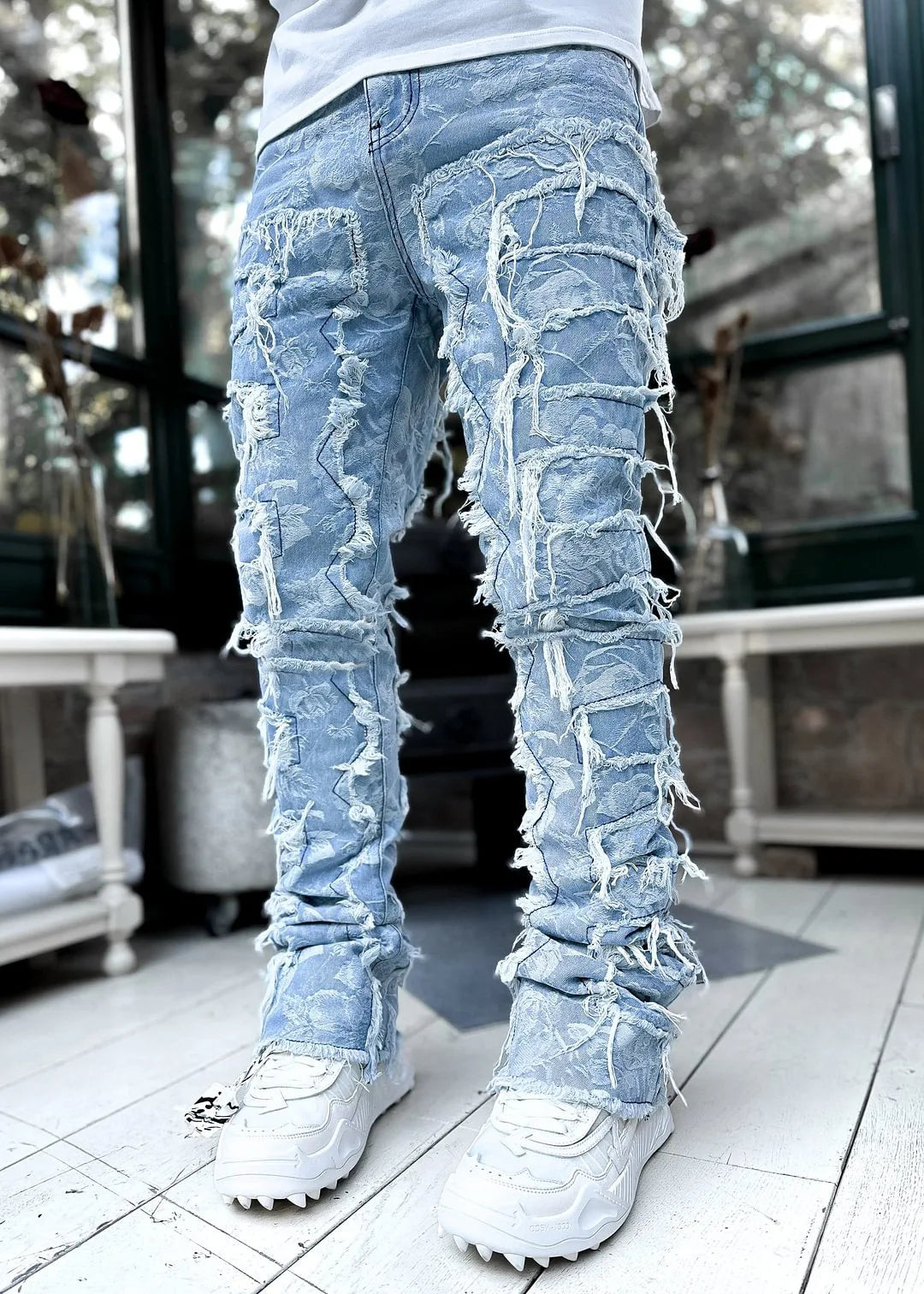 Unisex Stacked Ripped Distressed Slim Jeans