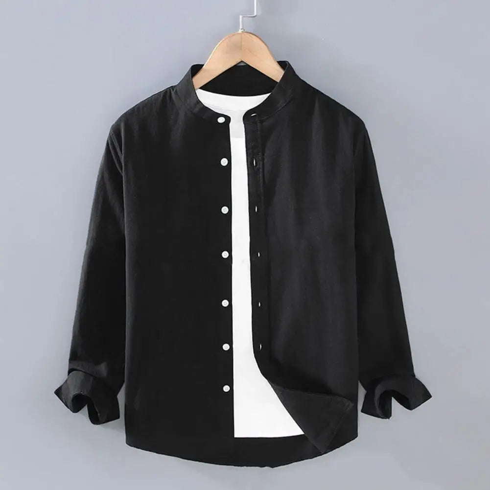 Camisa de lino de cuello mao para hombre - Manga larga casual (M-4XL)