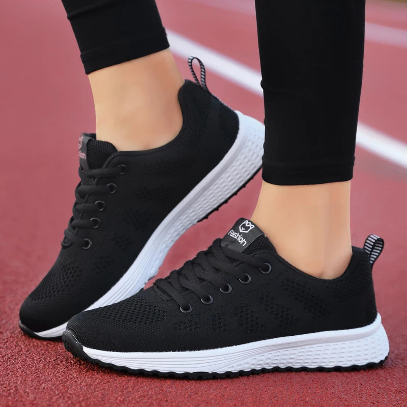 Women's Breathable Mesh Lace-Up Sneakers – Lightweight Flat Walking Shoes
