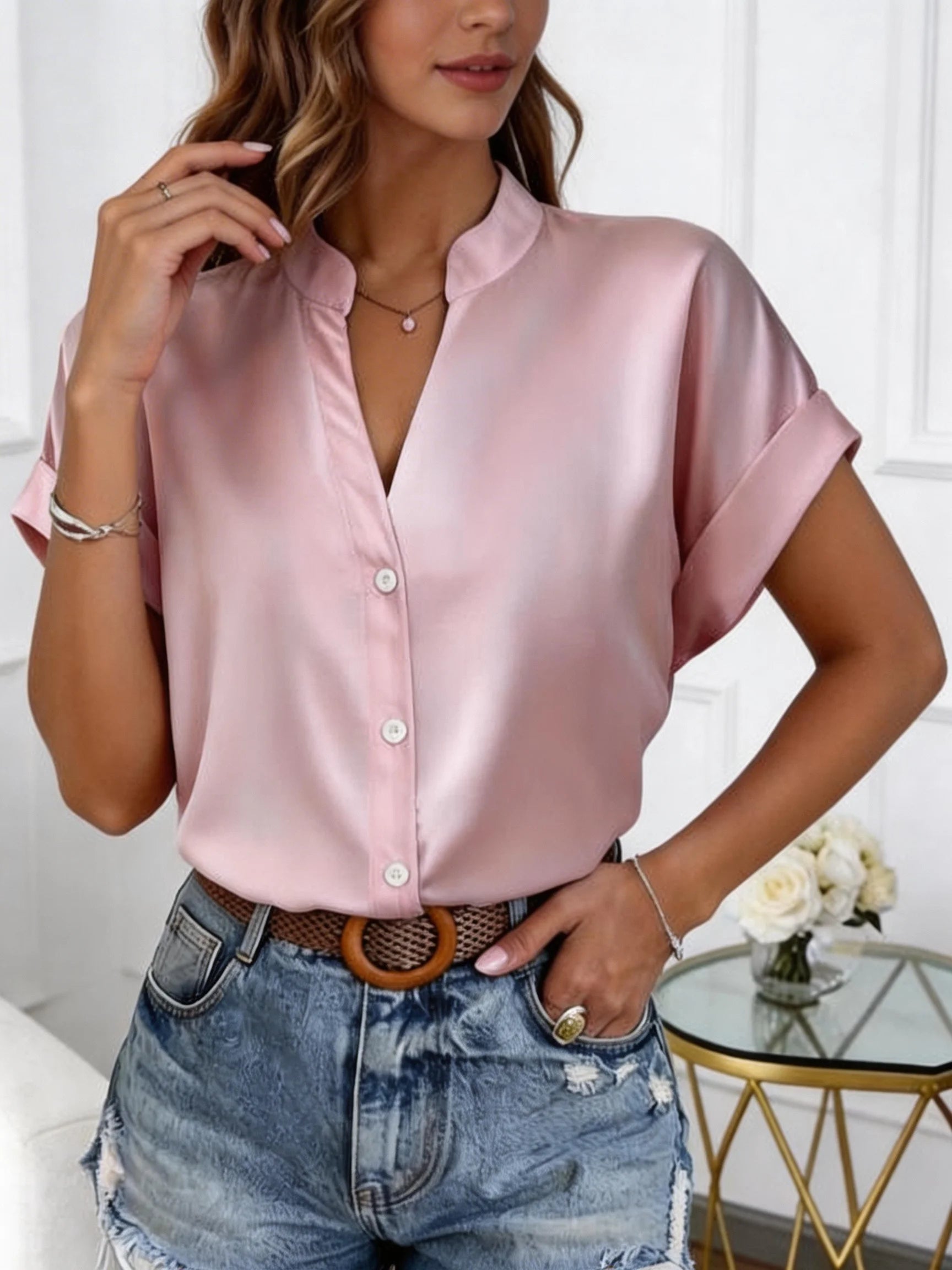 Women's V-Neck Blouse - Short Sleeve Loose Fit (S-XXL)