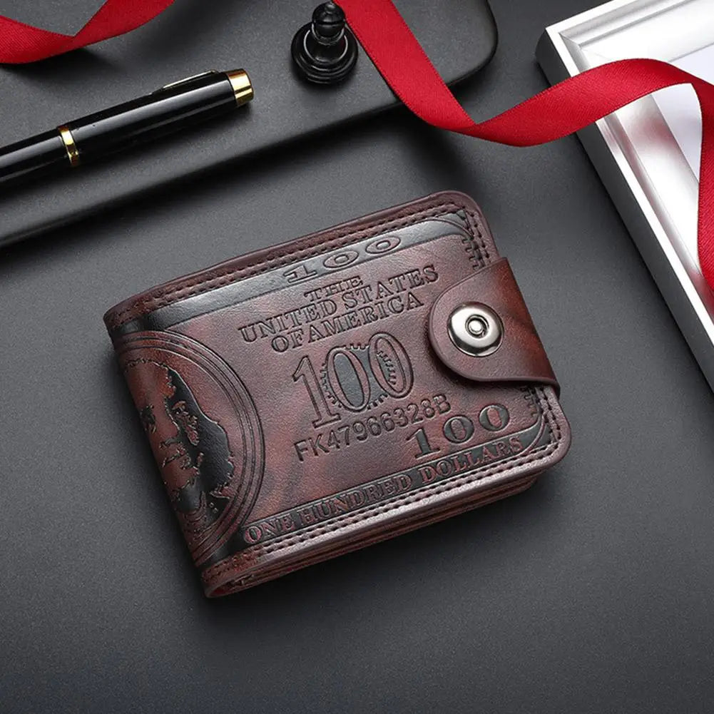 Vintage $100 Bill Pattern Wallet — Multi-Functional PU Leather Snap & Zipper Wallet