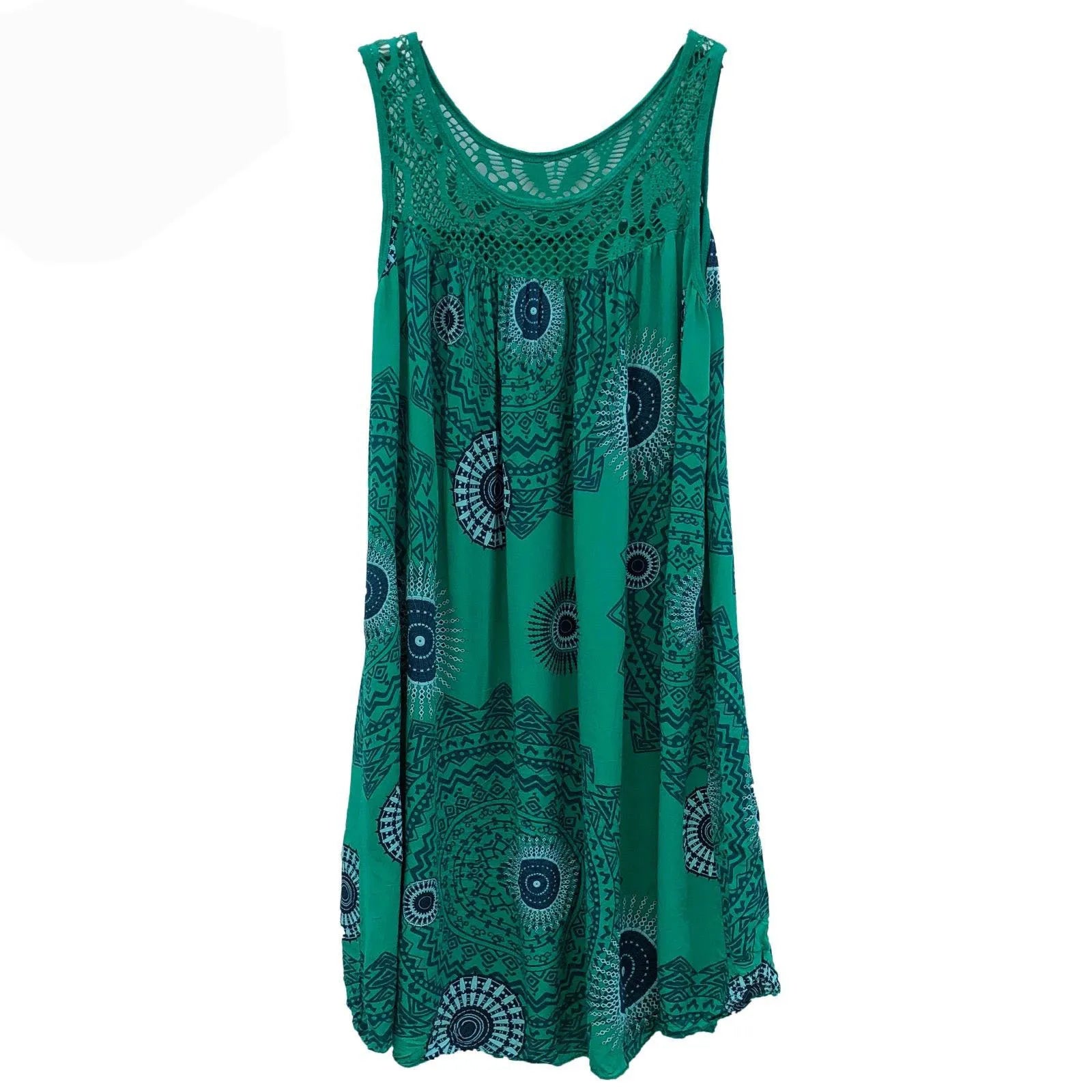 Women's Plus Size Boho Print Swing Dress – Lace Crochet Neck Sleeveless Camisole