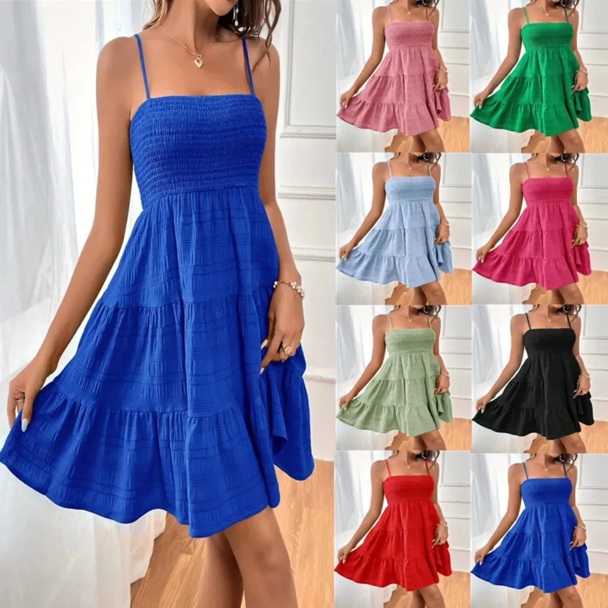 Women's Smocked Bustier Spaghetti Strap Tiered Mini Dress