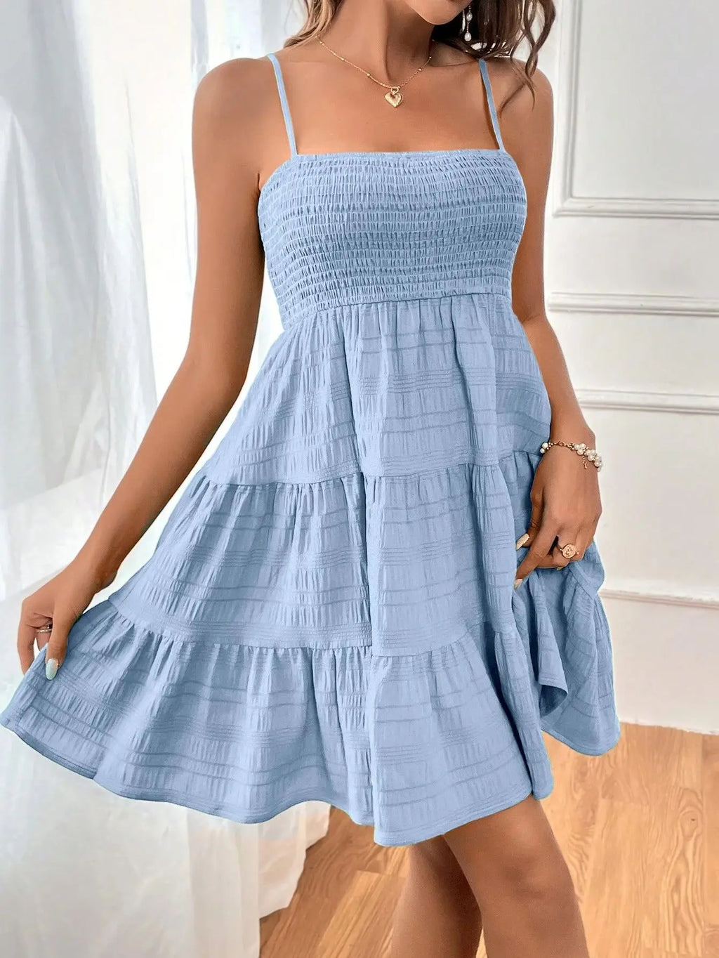 Women's Smocked Bustier Spaghetti Strap Tiered Mini Dress
