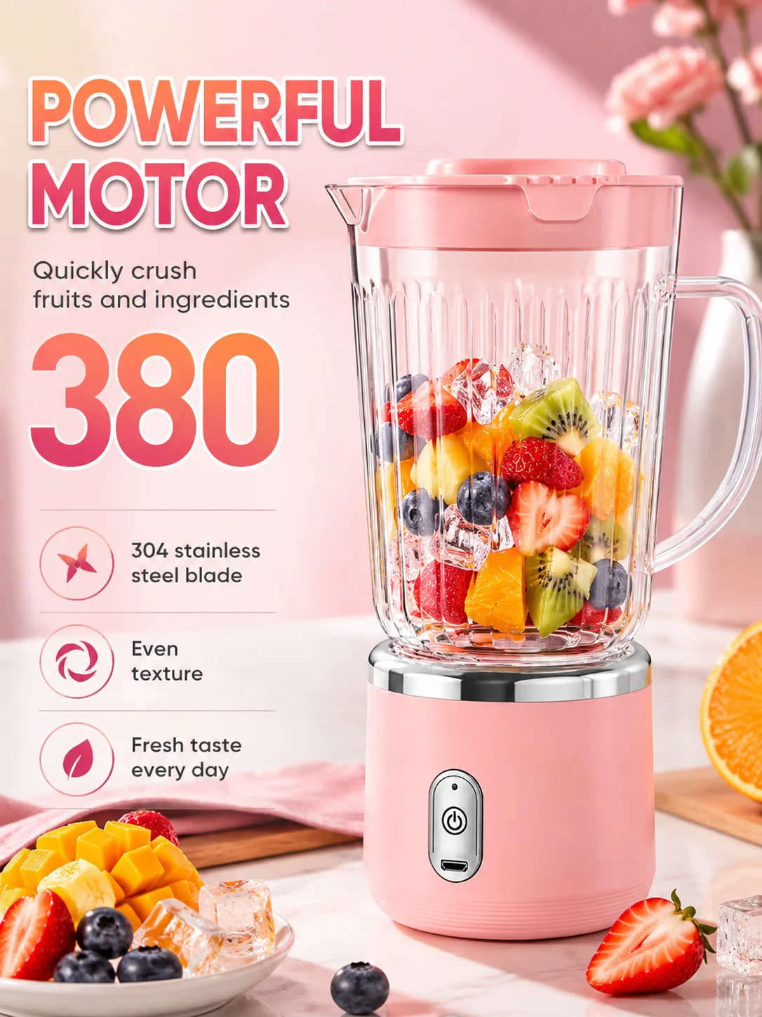 Compact 20cm Mini Portable Blender 800ml Large Capacity USB Charging 304 Steel Blade Smoothie Juicer Cup Easy To Clean
