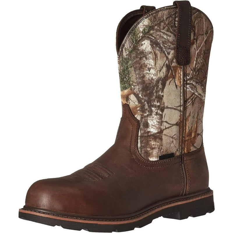Men's Slip-On Cowboy Boots – Tree Embroidery Western Mid-Calf