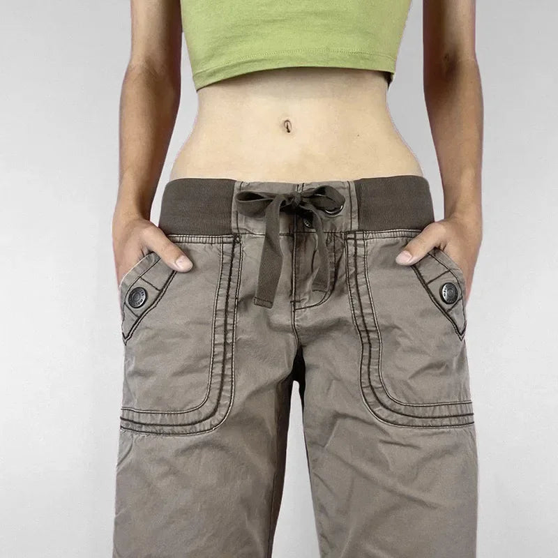 Pantalones retro de cordones de tiro bajo, estilo urbano, patchwork, holgados e informales para mujer, pantalones rectos Harajuku de moda coreana