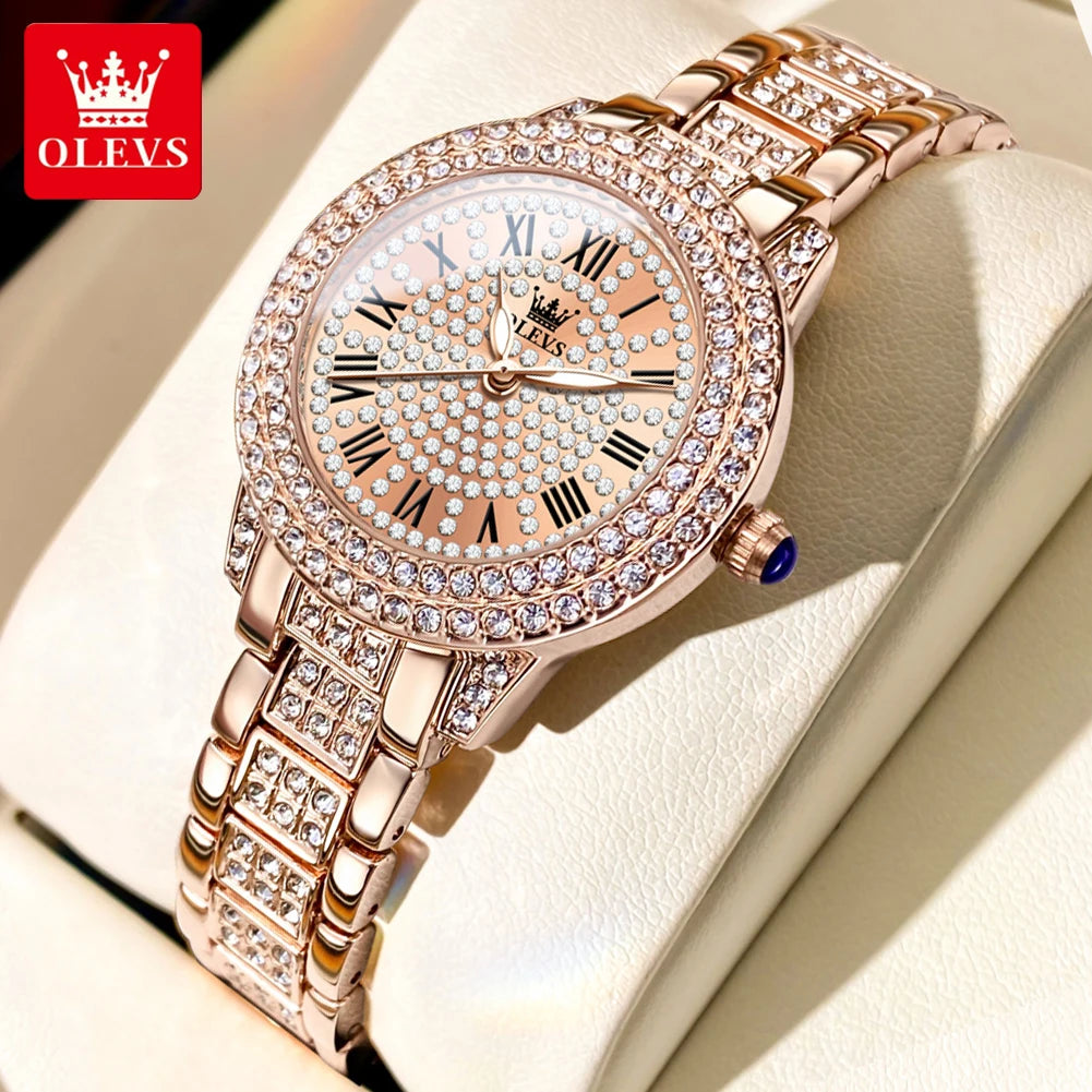 Reloj de cuarzo OLEVS 9943 de diamante para mujer | Esfera de números romanos | Luminoso | Brazalete de acero inoxidable